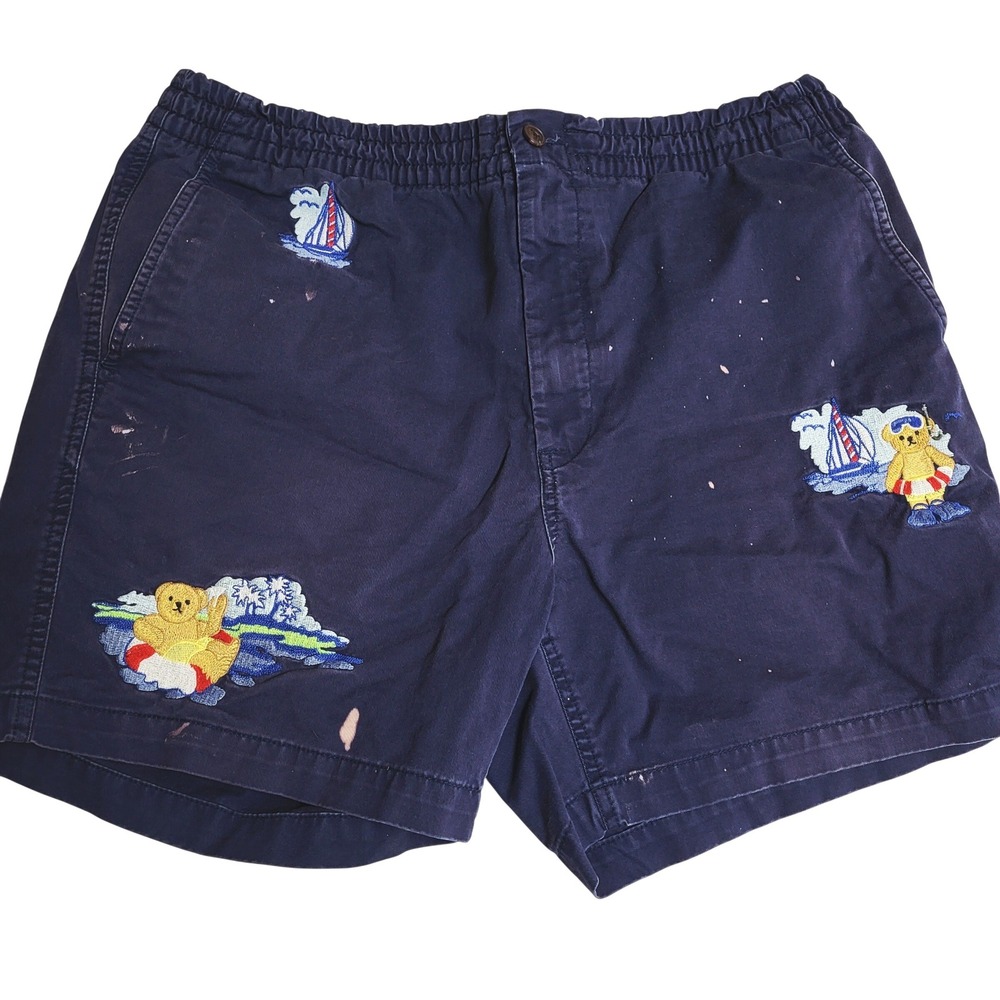 Polo Ralph Laruren XL Navy Blue‎ Embroidered Bear Beach Shorts Bleach Splatter